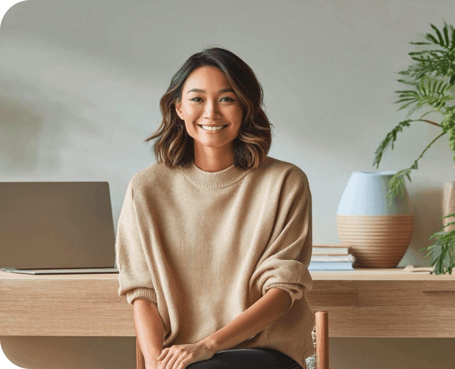 Smiling woman seated at a wooden desk with a plant.